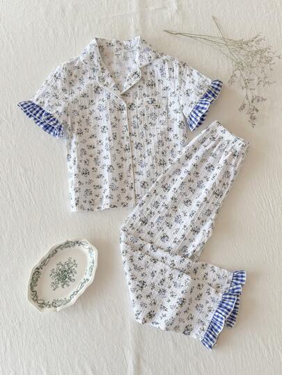 بيجاما مجموعة بيجاما كاجوال من قطعتين (ملابس علوية برقبة وأكمام قصيرة ، وبنطال) مزينة بطباعة اللوحات الزهرية