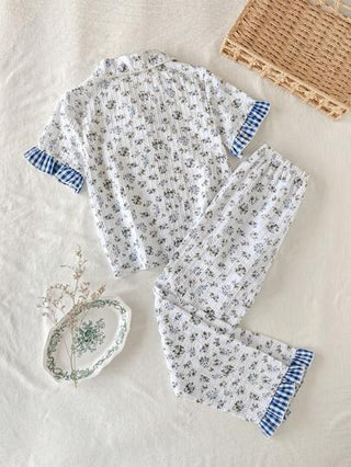 بيجاما مجموعة بيجاما كاجوال من قطعتين (ملابس علوية برقبة وأكمام قصيرة ، وبنطال) مزينة بطباعة اللوحات الزهرية