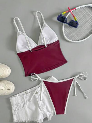 طقم تانكيني حريمي Swim Mod مجموعة بيكيني مكونة من ملابس علوية خصر عريض بألوان متباينة والأسفل ثلاثي الأضلاع مربوط جانبياً، لرقص الربيع