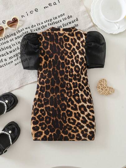 فساتين بيبي فستان قصير أنيق للفتاة الصغيرة بطبعة نمر محبوك بأكمام قصيرة مناسب للصيف