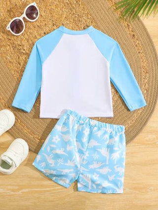 مايوه أولادي طقم قصير وبلوزة مطبوع عشوائية بأكمام رجلان وشورت مطبوع بأشجار النخيل 2 قطع لملابس السباحة للاطفال الولادنيون