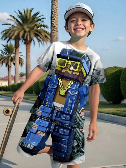 ملابس كاجوال بسيطة لفتى المراهقين تتكون من بلوزة كم قصير وشورت قطعتين، مناسبة للصيف