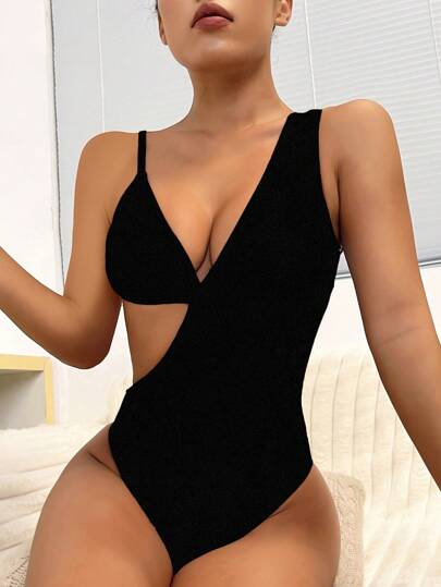 مايوه حريمي قطعة واحدة Swim SXY ملابس سباحة قطعة واحدة لون سادة بتصميم مقصوص، جذاب للعطلات والشاطئ