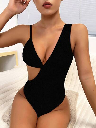 مايوه حريمي قطعة واحدة Swim SXY ملابس سباحة قطعة واحدة لون سادة بتصميم مقصوص، جذاب للعطلات والشاطئ