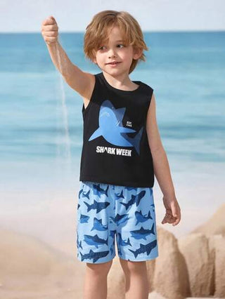 مايوه أولادي Shark Week X طقم قصير كارتوني للأولاد مكون من ملابس علوية أكمام عليه طباعة سمكة قرش أسود وشورت أزرق بحري قطعتين