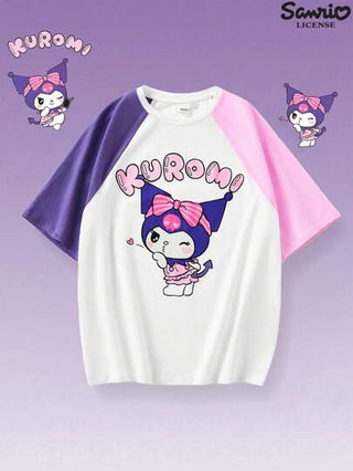 تيشيرتات بناتي HELLO KITTY AND FRIENDS | تيشيرت بأكمام قصيرة فضفاض للربيع والصيف للبنات المراهقات بنمط رسوم متحركة وألوان متداخلة