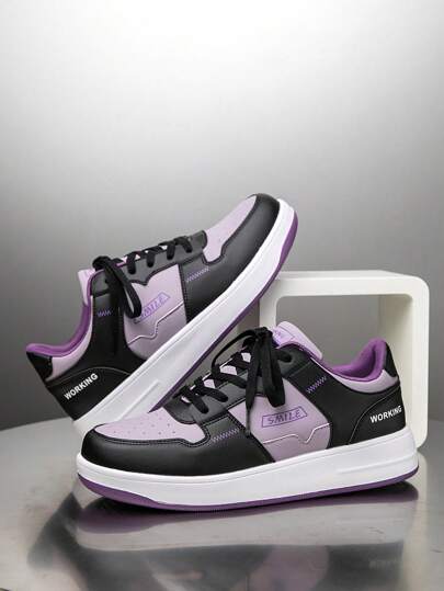 أحذية رياضية للرجال مطبوع عليها حرف ونسيج شبكي بتصميم الألوان المتداخلة، بطراز كاجول للمراهقين، أحذية تزلج منخفضة سهلة الربط مريحة للتنقل اليومي