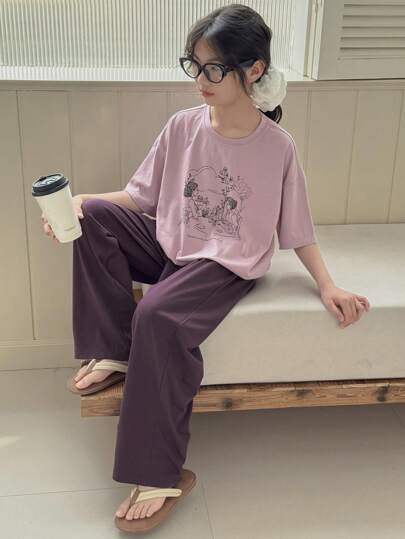 بيجاما DAZY مجموعة مكونة من 2 قطعة تي شيرت أكمام قصيرة بطبعات وبنطال للبنات المراهقات لفصل الربيع والصيف، بيجامات