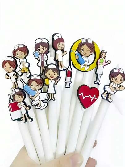 8/12/20/30 قطعة أقلام ذات بطانة ملونة بطبعات موضوع الممرضة، بطانة جل ناعمة من البي في سي الأبيض، أقلام كرة عشوائية الطراز للطلاب والتواقيع