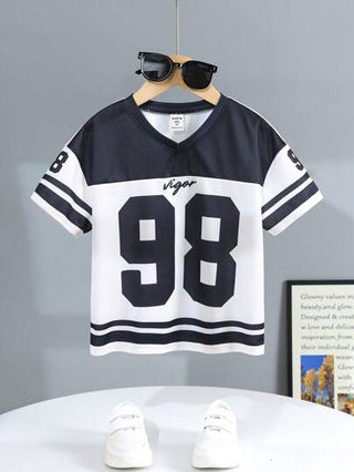 تي شيرت قصير الأكمام بياقة على شكل حرف V مزين برسوم أرقام للأولاد الصغار، كاجوال ناعم متعدد الاستخدامات، مناسب للارتداء الخارجي في الربيع والصيف