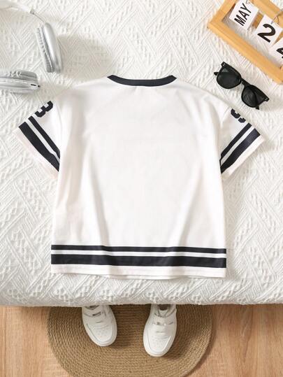 تي شيرت قصير الأكمام بياقة على شكل حرف V مزين برسوم أرقام للأولاد الصغار، كاجوال ناعم متعدد الاستخدامات، مناسب للارتداء الخارجي في الربيع والصيف