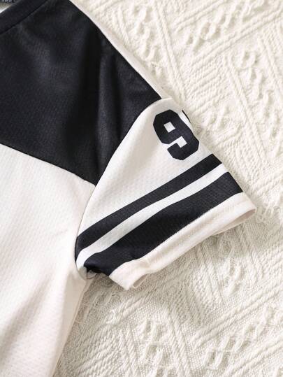 تي شيرت قصير الأكمام بياقة على شكل حرف V مزين برسوم أرقام للأولاد الصغار، كاجوال ناعم متعدد الاستخدامات، مناسب للارتداء الخارجي في الربيع والصيف