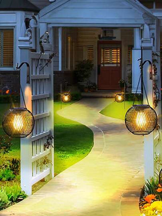 مصباح فوانيس معدنية ديكورية مجوفة مع إضاءة LED للحدائق والمناطق الخارجية، يعمل بالطاقة الشمسية، فانوس سلكي معلق بطراز رجعي
