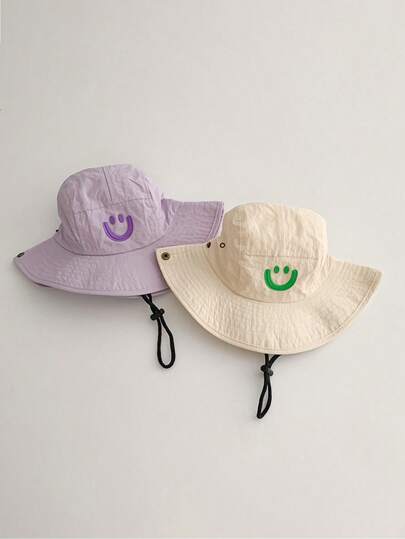 قبعة دلو مطرزة باسم قابلة للتخصيص، المقاس 48-52 سم، بتصميم وجه مبتسم جميل، قبعة شمس كاجوال قطنية مناسبة للأطفال من سن 1-6 سنوات، مناسبة للارتداء في الخارج بالحضانة، أحرف قابلة للتخصيص كهدايا، هدايا عيد الميلاد