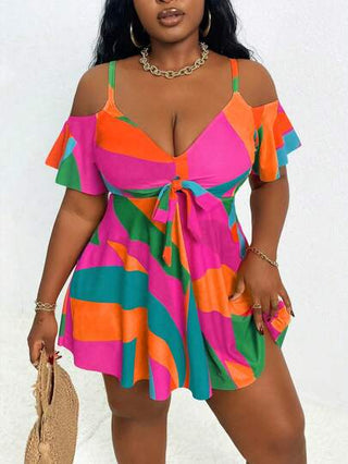 Slaydiva بادلة سباحة بحزام رفيع مع كشكشة للأكتاف الباردة للمناسبات الصيفية والشاطئ للمرأة ذات المقاسات الكبيرة، تشمل بنطال ذو خصر مرتفع