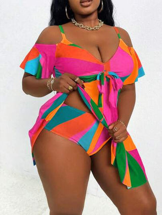 Slaydiva بادلة سباحة بحزام رفيع مع كشكشة للأكتاف الباردة للمناسبات الصيفية والشاطئ للمرأة ذات المقاسات الكبيرة، تشمل بنطال ذو خصر مرتفع