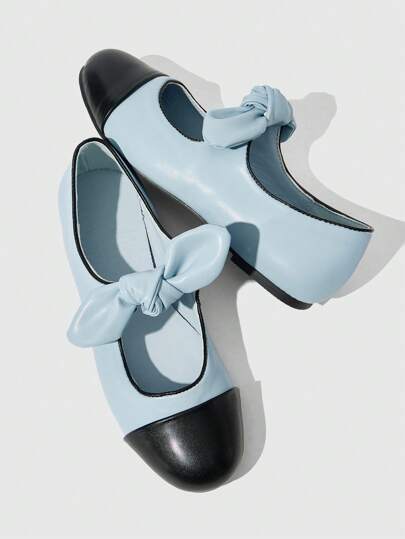 أحذية أوكسفورد حريمي ROMWE Kawaii أكسفورد جلدية رسمية تخرج للعمل مزينة بعقدة فوق طراز ماريجين بدون كعب، لون أزرق