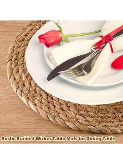 حصيرة طاولة مُنسوجة، قطر 38 سم حصيرة طاولة من الخوص الطبيعي، حصيرة طاولة من نبات الزنبق المائي المنسوج باليد، حصيرة طاولة بنمط الريف، حصيرة طاولة مضفرة من الخيزران الريفي للمائدة والمنزل والزفاف