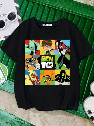 فستان أطفال BEN 10 X تي شيرت أسود بأكمام قصيرة مزخرف برسوم كرتونية لفتيان المراهقين، مناسب للصيف
