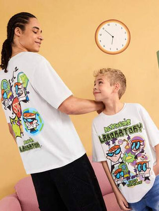 Dexter's Laboratory X SHEIN تي شيرت صيفي كاجوال بأكمام قصيرة مع رسوم كرتونية مناسب للفتيان المراهقين