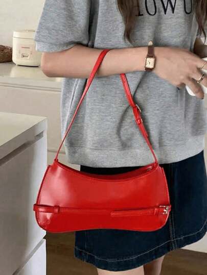 قطعة واحدة حقيبة يد صغيرة من جلد البوليوريثان أحادية اللون للنساء ، حقيبة كتف متعددة الاستخدامات مع حزام إسباجيتي ، حقيبة إبط من الجلد المطفي ، حقيبة صغيرة باللون الأحمر