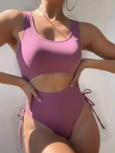 مايوه حريمي قطعة واحدة Swim قطعة واحدة سباحة للنساء بلون سادة وبفتحة جانبية وسحاب، مناسب للعطلات