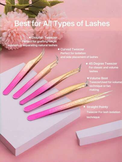 5 قطع مجموعة ملقاط تمديد الرموش الدقيقة، مجموعة ملقاط الرموش- أدوات تطبيق وإزالة الرموش المحترفة من الفولاذ المقاوم للصدأ بطلاء التيتانيوم، إكسسوارات تجميل DIY للرموش المثالية، لتعزيز الحجم والطول، تتضمن حقيبة حمل، لا تحتاج إلى بطاريات، هدايا...