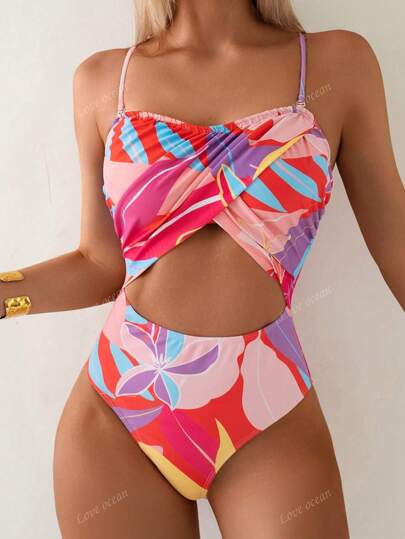 مايوه حريمي قطعة واحدة بدلة سباحة أنيقة مزينة بالزهور مع أربطة كتف قابلة للتعديل، ذات طيات، فتحات، وخصر ضيق، إطلالة مرشقة، مناسبة للنساء للعطلات والإجازات والتخييم