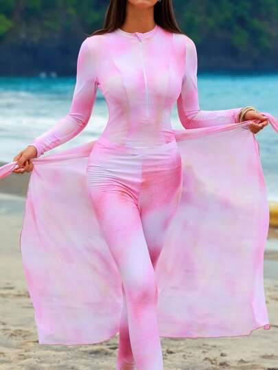 Swim Shayni 3 قطعة/طقم ملابس نسائية للصيف طقم سباحة مكون من بدلة شور رافعة بياقة كاملة مطبوعة بطبعة صباغة التعمية المربوطة، بنطال وتنورة شفافة مناسبة للشاطئ