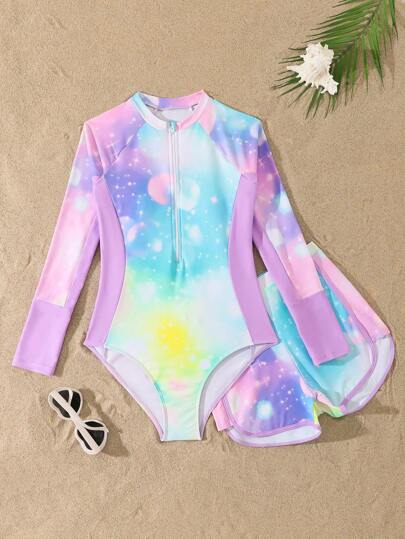 بدلة سباحة واحدة قطعة مع شورت أكمام طويلة بطباعة صبغة التايد دي للفتيات المراهقات