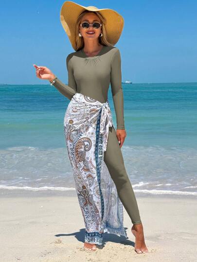 Swim Mulvari ثلاث قطع ملابس سباحة جديدة للصيف، سروال طويل الأكمام وتنورة ملفوفة، بزي محتشم (بوركيني)، ملابس سباحة عربية