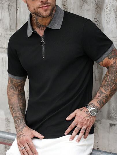 Manfinity CasualCool قميص بولو رجالي كاجوال قصير الأكمام، بريشة متباينة عند السحاب ، صيفي