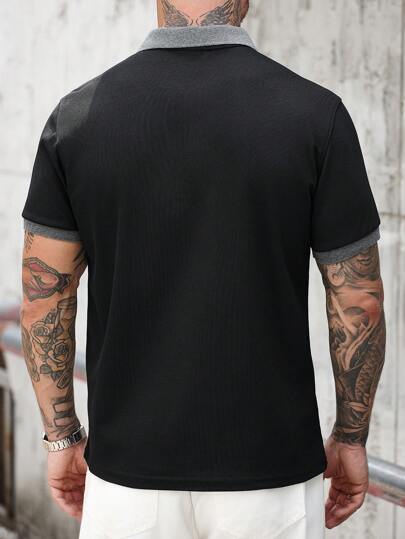 Manfinity CasualCool قميص بولو رجالي كاجوال قصير الأكمام، بريشة متباينة عند السحاب ، صيفي