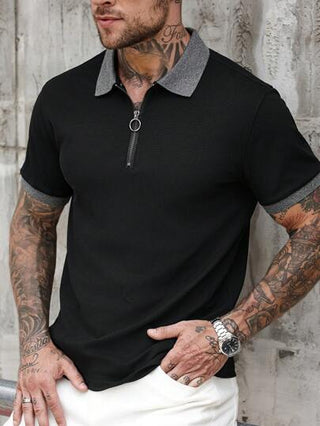 Manfinity CasualCool قميص بولو رجالي كاجوال قصير الأكمام، بريشة متباينة عند السحاب ، صيفي