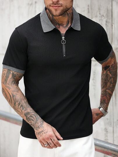 Manfinity CasualCool قميص بولو رجالي كاجوال قصير الأكمام، بريشة متباينة عند السحاب ، صيفي