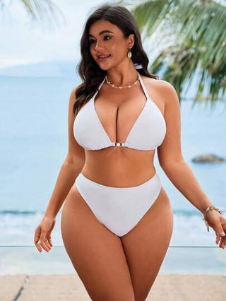 SHEIN Swim Curve ملابس السباحة نسائية من قطعتين منقوشة بألوان صلبة مع فستان قصير مناسبة للمقاسات الكبيرة ، ذات تصميم عنق حلقة تعلق على الرقبة وقطعة علوية ذات ربطة جنبية مثيرة