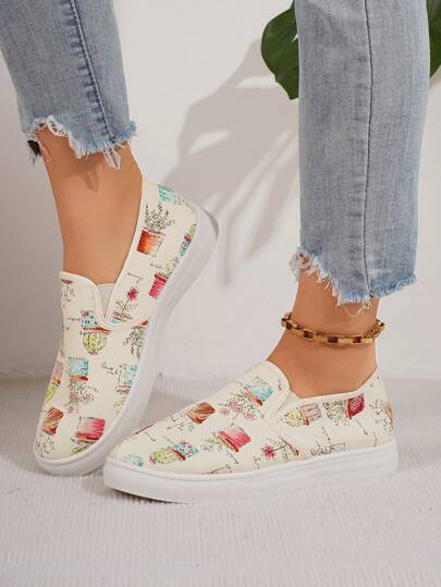 أحذية كاجوال نسائية كتان بيج بطبعة نباتية, تصميم أصبع قدم مستدير, طوق مطاطي, مناسبة للحياة اليومية, التنقل, المكتب, التسوق