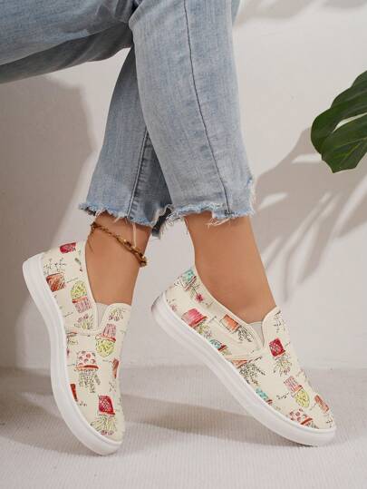 أحذية كاجوال نسائية كتان بيج بطبعة نباتية, تصميم أصبع قدم مستدير, طوق مطاطي, مناسبة للحياة اليومية, التنقل, المكتب, التسوق