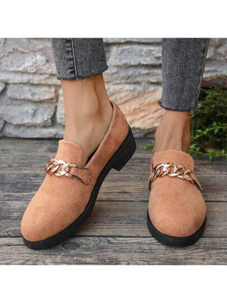 أحذية أوكسفورد حريمي أحذية كاجوال منخفضة العنق مع زينة السلسلة متوسطة الكعب للنساء مقاس كبير، موديل جديد للربيع