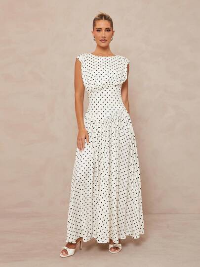 Lumalex فستان طويل بطبعة نقاط للنساء بياقة واسعة، مربوط الخصر، بدون أكمام وذيل طويل