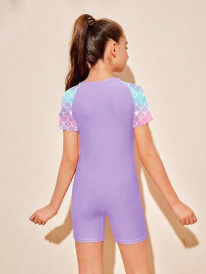 بدلة سباحة قطعة واحدة للفتيات المراهقات، مطبوع عليها نمط حرشفة السمك، تصميم قصاصات مناسب للشاطئ والعطلات