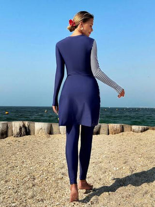 طقم تانكيني حريمي Swim Mulvari فستان وبنطال مجموعة كاجوال في الصيف نسائي، رقبة دائرية، أكمام طويلة، خصر ضيق، لبد مخطط أحادي اللون، أزرق وأبيض ، قميص نسائي وبكيني مناسب للاستجمام