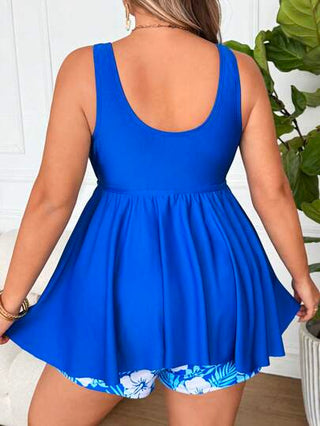 SHEIN CURVE+ بدلة سباحة مقاس كبير للنساء 2 قطعة، تاب تانكيني مطبوع بنقشة زهرية، مجموعة بيكيني، للارتداء في الشاطئ والعطلات الصيفية