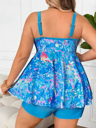 SHEIN CURVE+ ملابس سباحة حجم كبير للنساء مكونة من فوطة بتصميمات مطبوعة عشوائية مع تنورة،مجموعة قطعتين مقوّمة للجسم للشاطئ والأعطال الصيفية