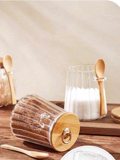 SHEIN 1 وعاء تخزين شفاف محكم الإغلاق برسومات خطوط شاقولية، وعاء مطبخ منزلي لحفظ التوابل والملح والسكر والقهوة والشاي بسعة 750 مل و 650 مل