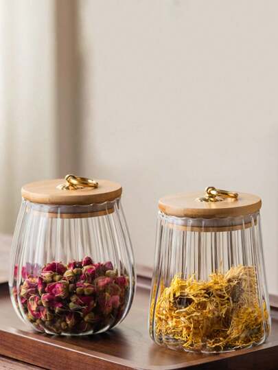 SHEIN 1 وعاء تخزين شفاف محكم الإغلاق برسومات خطوط شاقولية، وعاء مطبخ منزلي لحفظ التوابل والملح والسكر والقهوة والشاي بسعة 750 مل و 650 مل