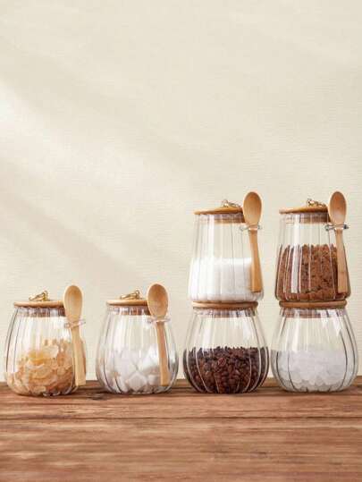 SHEIN 1 وعاء تخزين شفاف محكم الإغلاق برسومات خطوط شاقولية، وعاء مطبخ منزلي لحفظ التوابل والملح والسكر والقهوة والشاي بسعة 750 مل و 650 مل