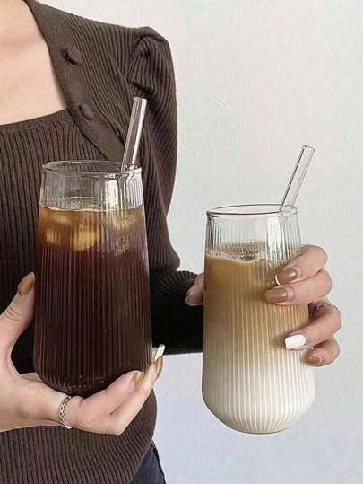 1 طقم أكواب من الزجاج الشفاف مع تقوس عمودي، خيار أنيق لتمتع بالقهوة المثلجة والعصائر والكوكتيلات، بتصميم عصري بسيط مخطط، أكواب مياه مثالية لمشروبات يومية وتجمعات غير رسمية