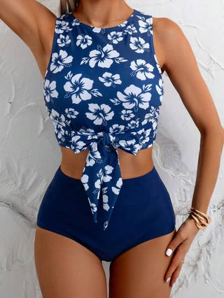 طقم تانكيني حريمي Swim Lushoire مجموعة ملابس سباحة شاملة من قطعتين للنساء - بلوزة أزهار مربوطة الخصر وقطعة سفلية ، مناسبة للشاطئ الصيفي