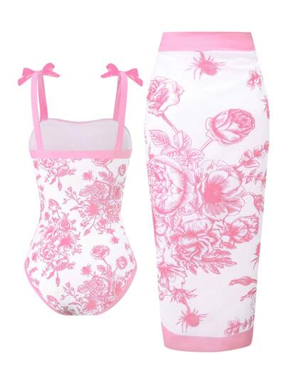 مجموعة 2 قطعة بدلة سباحة كبيرة طويلة ذات طباعة فخارية قديمة مع رداء شيفون طويل للفتيات